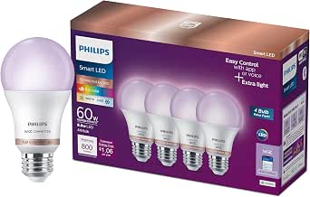 Philips WiZ Smart Color A19 LED Bulbs, 4-Pack, 800 Lumens, E26