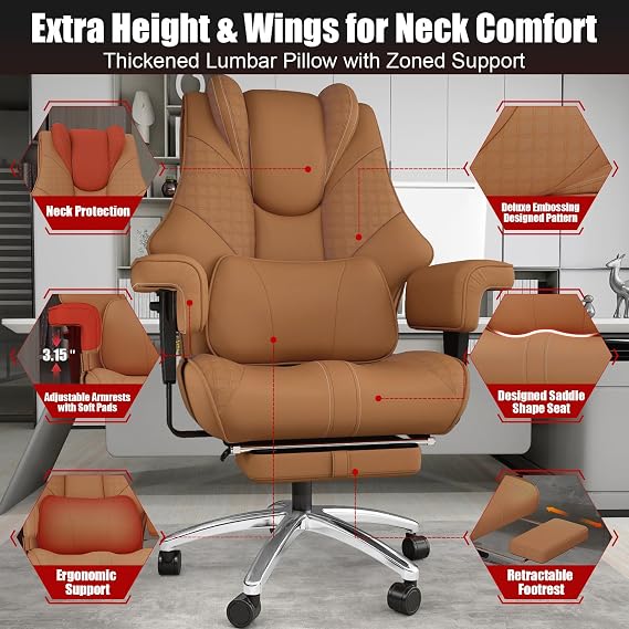 600lbs Big and Tall Office Chair, Wide Ergonomic Leather Executive Chair for Heavy People with Foot Rest, High-Back Reclining Computer Chair with Swivel Wheels and Lumbar Support (Brown)