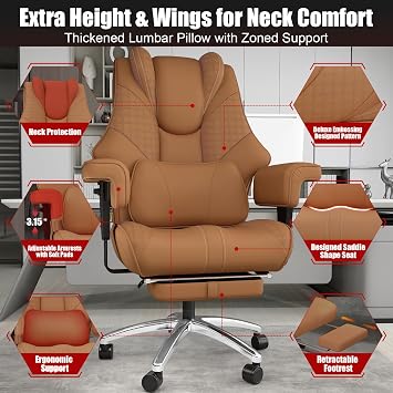 600lbs Big and Tall Office Chair, Wide Ergonomic Leather Executive Chair for Heavy People with Foot Rest, High-Back Reclining Computer Chair with Swivel Wheels and Lumbar Support (Brown)