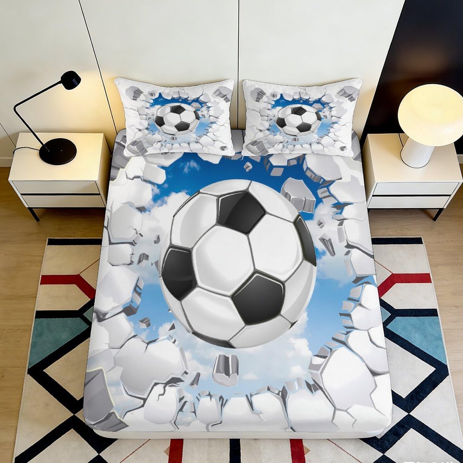 3D Printed Soccer Ball Fitted Sheet Microfiber Soft Breathable Football Mattress Cover for Bedroom Dormitory Guest Room Protection Decor 200x200x25cm