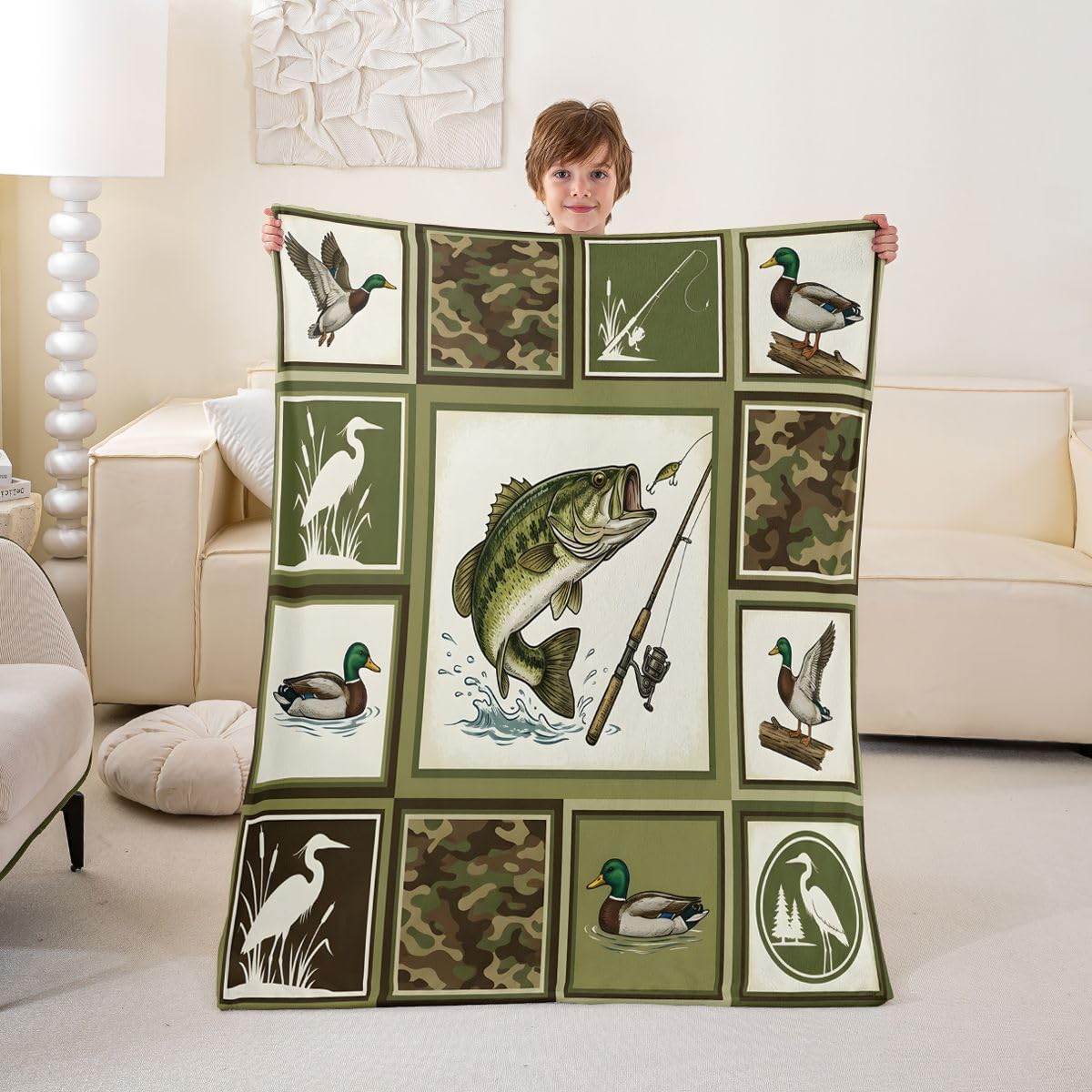 Dziecięcy koc polarowy w kształcie szczupaka, ryby, podwójny, 152 x 180 cm, bas, duża ryba, na łóżko, kanapę, krzesło dla chłopców, dziewcząt, nastolatków, sypialnia, dekoracja, wędkowanie i polowanie