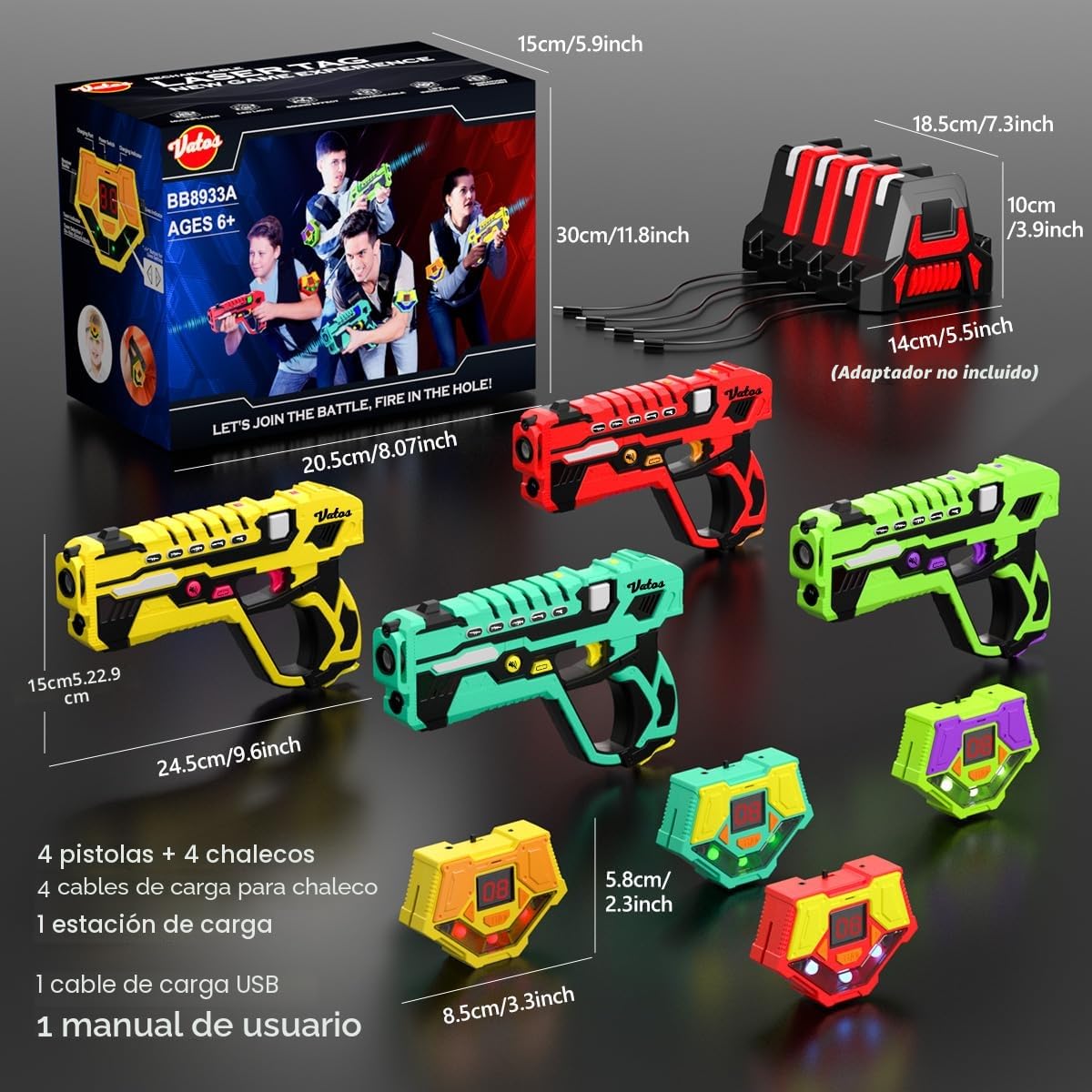 VATOS 4 Paquete Recargables Pistolas Láser – 0,9 MW Infrarrojos 2,4 GHz Sincronización de Datos Seguro Juego para Niños Grupo Familiar Actividad Interior al Aire Libre Juguete Divertido a Partir 8+