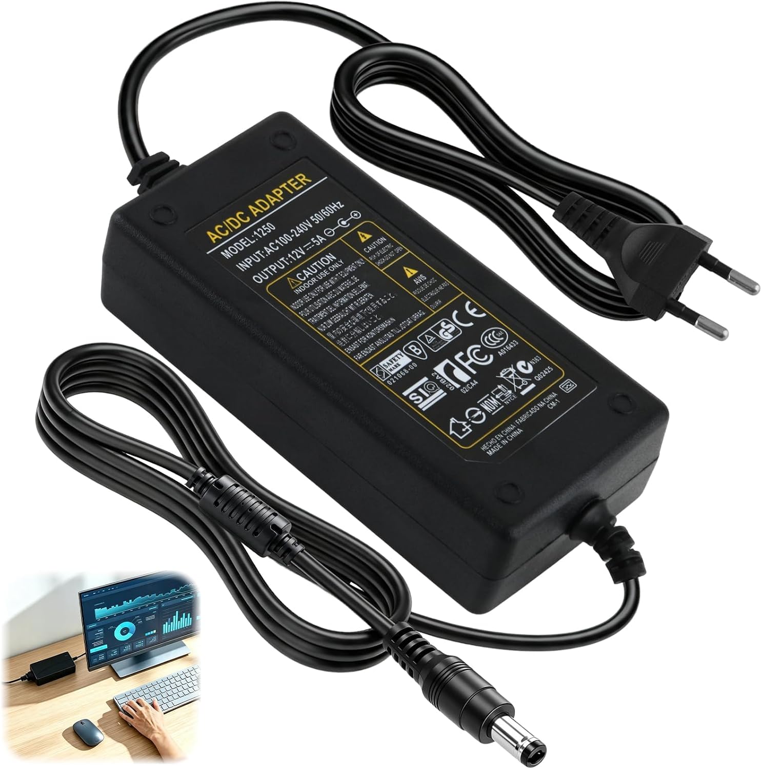Chargeur 12V 5A pour Rubans LED, Universelle Adaptateur secteur