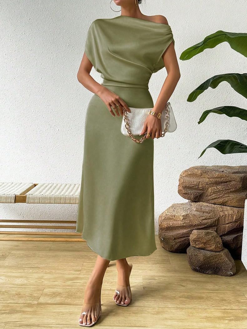 Vestito Donna Abiti da Ballo Monospalla in Raso per Donna Eleganti Midi con Maniche A Pipistrello Asimmetrici E Arricciati con Giunture Abito Estivo A Trapezio da Sera Formale