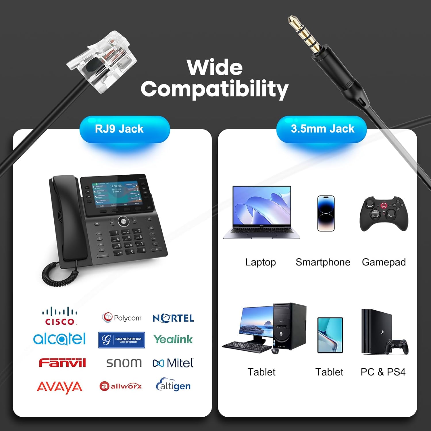 MAIRDI Telephone Headset with RJ9 Jack & 3.5mm for Multipe Devices, Office Headset with Mic Noise Canceling for Call Center, Work with Landline Deskphone Cell Phone PC Laptop