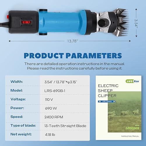 Miniatura 5 de LuzRise Sheep Shears Electric 690W 2400RPM - Cortadora profesional de alta resistencia con 6 velocidades para afeitar lana de piel en ovejas cabra