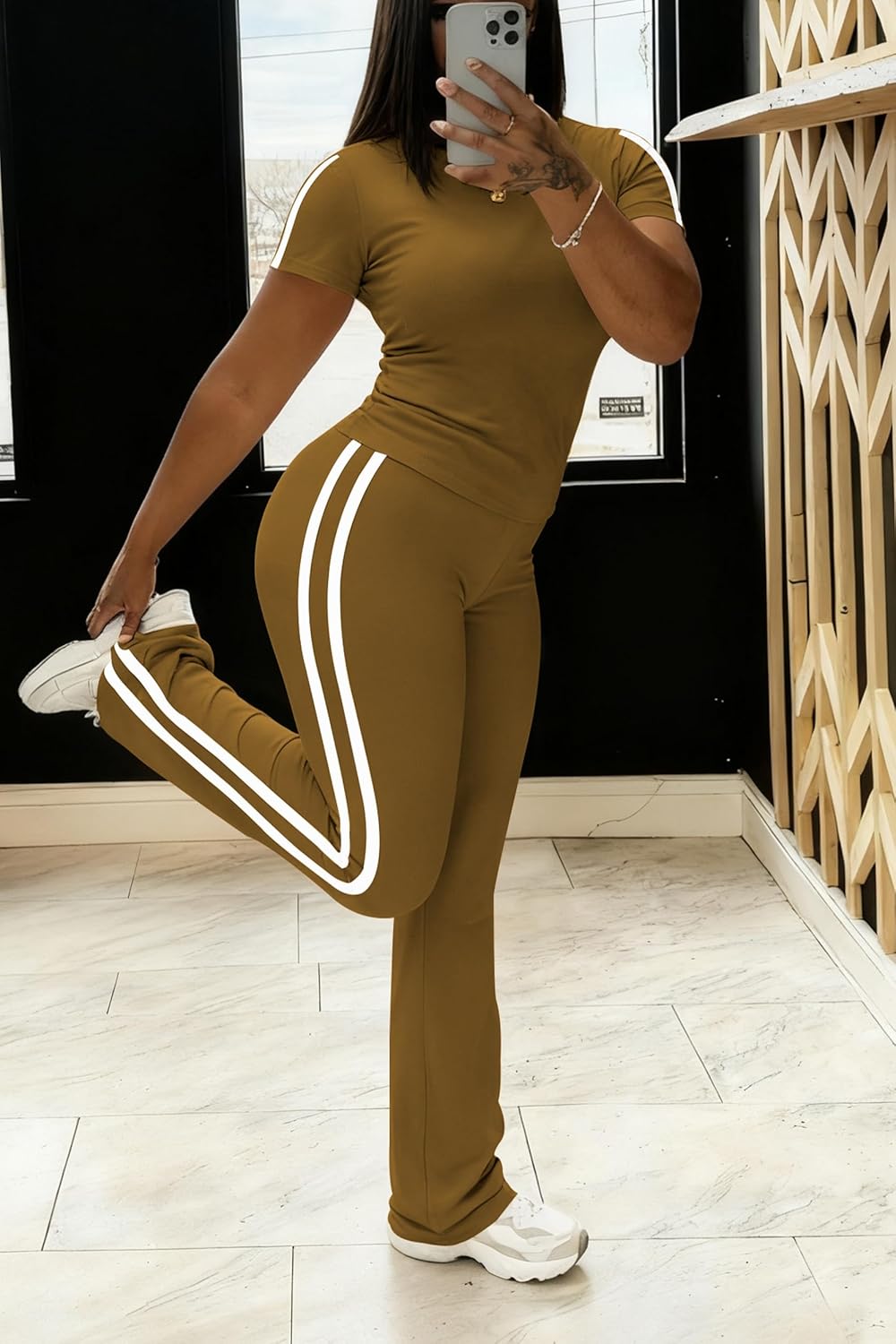 HBQ Women's 2 Piece Sweatsuit Slim Fit Top Flare Legging Pants Casual Tracksuit Lounge Matching Sets - Image 6