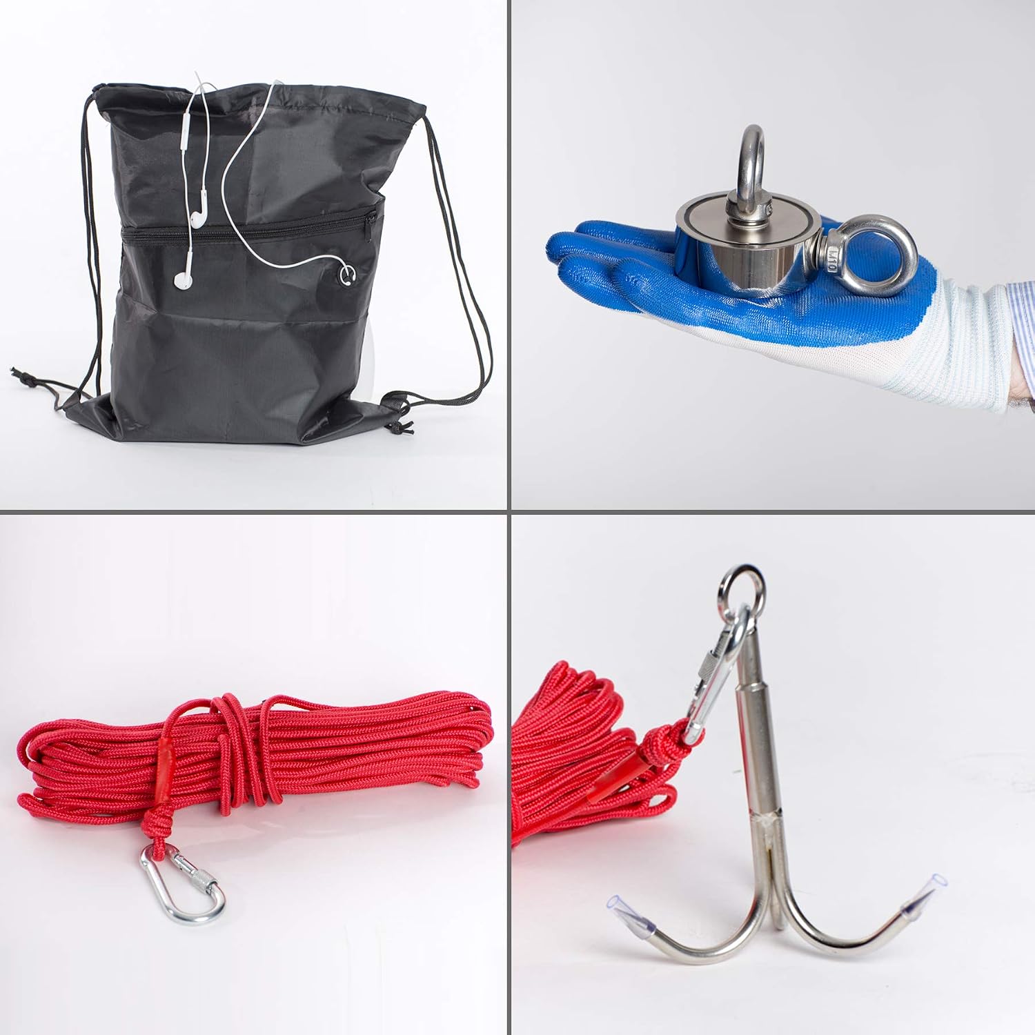 NIKOC Complete Magnet Fishing Kit Double Sided Magnet Fishing Pulling Force 760 Lbs, Heavy Duty Rope, Grappling Hook and Carabiner, Gloves, Bag, Thread Locker, Scraper for Fishing Magnet in River