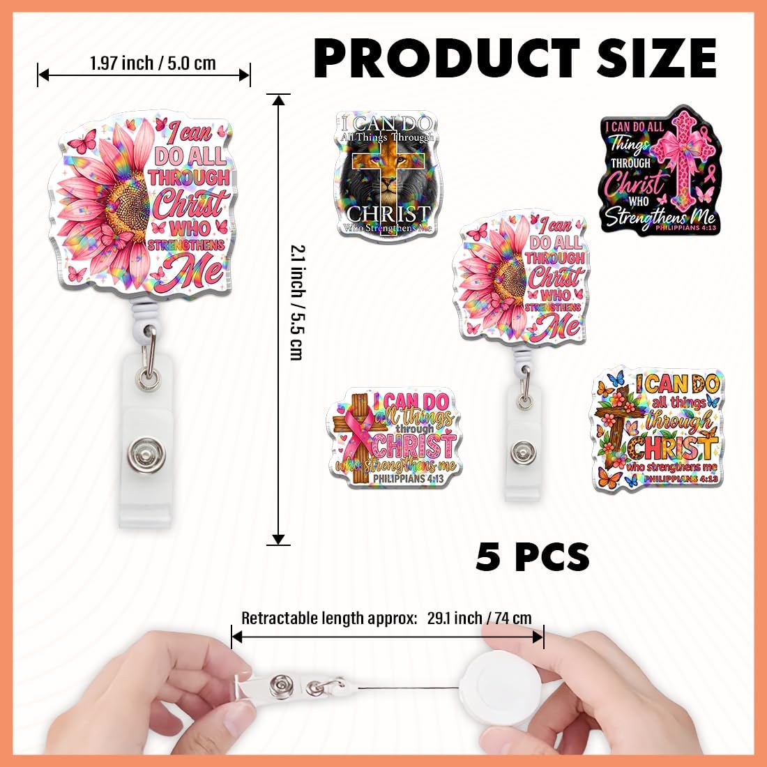 (5Pcs) Philippians 4 13 I Can Do All Things Through Christ Who Strengthens Me Holographic Christian Badge Reels, Inspirational ID Badge Holder Retractable Clip for Nurse Teacher Students Office Worker - Image 2