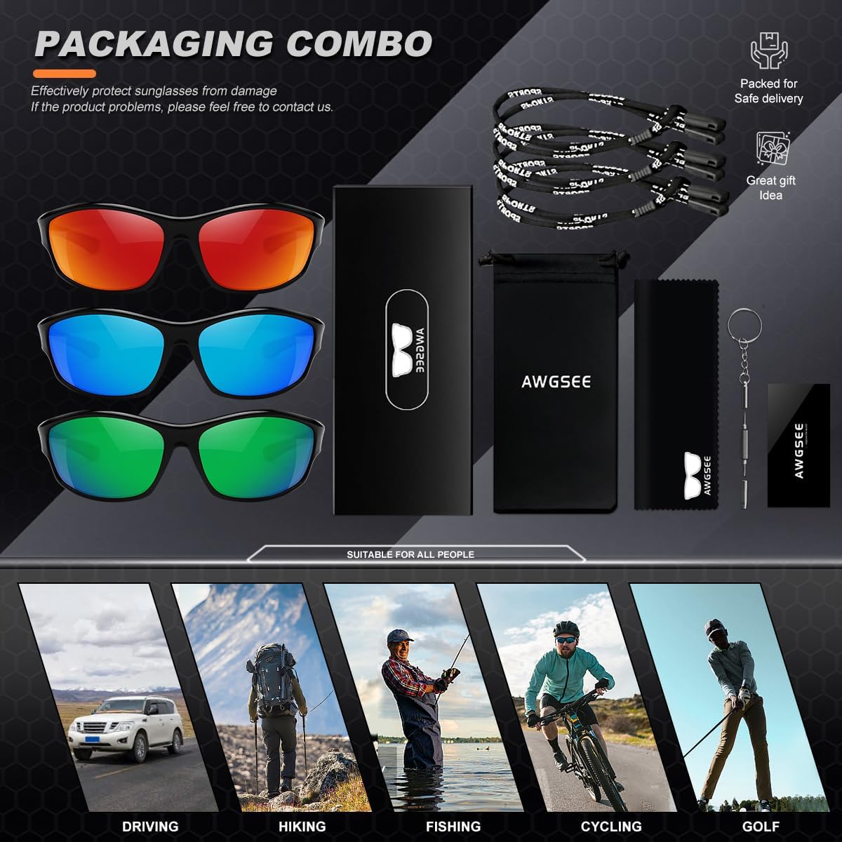 Polarized Sports Sunglasses for Men, UV400 Protection Lightweight Wrap Around Sun Glasses for Cycling Fishing Driving
