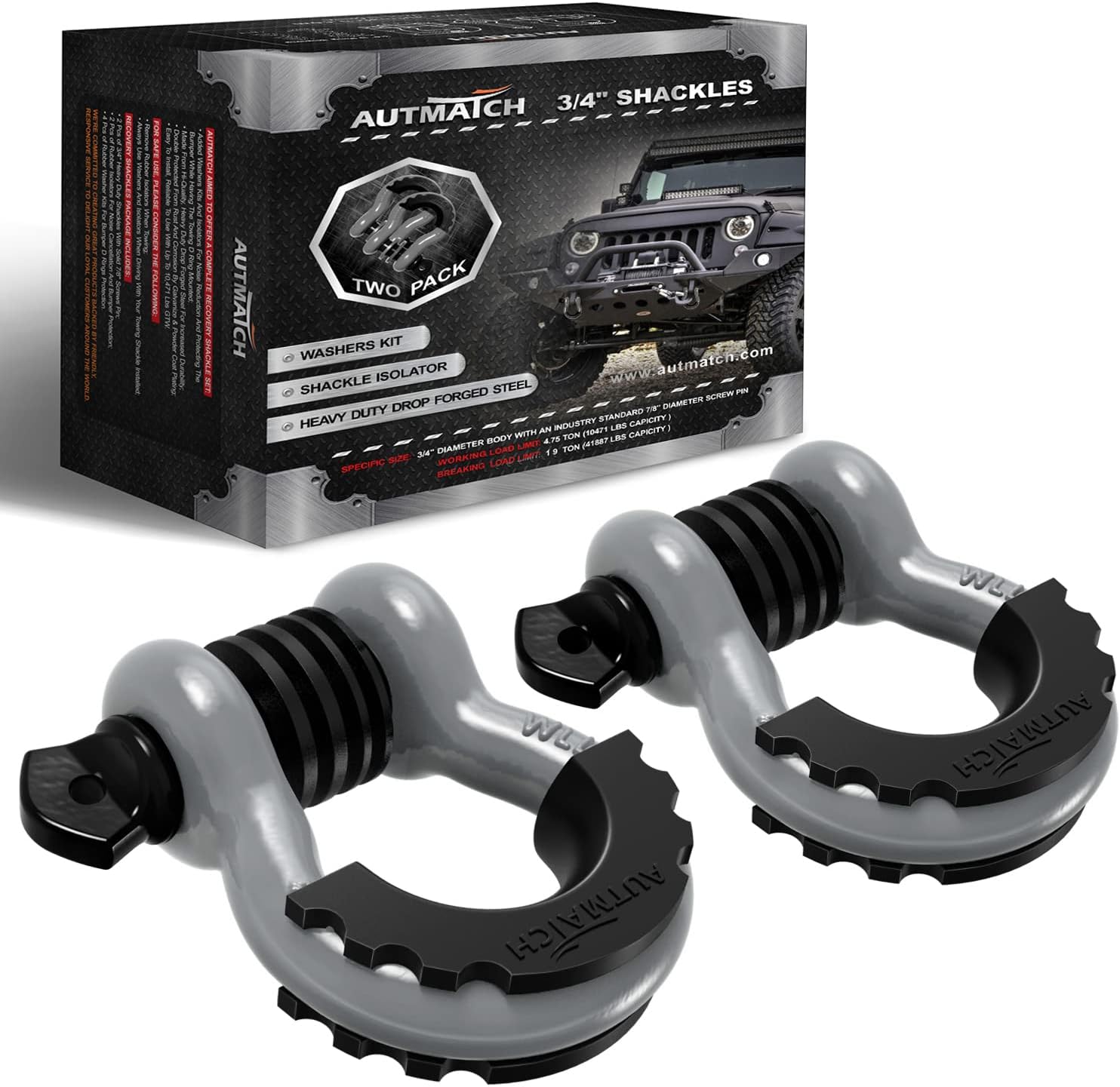 AUTMATCH D-Ring Shackle 3/4" (Set of 2) Approx 19 Ton Break Strength 7/8" Screw Pin Shackle Isolator with Washer Tow Strap Winch Off-Road Vehicle Recovery 3/4" Shackle Gray/Black