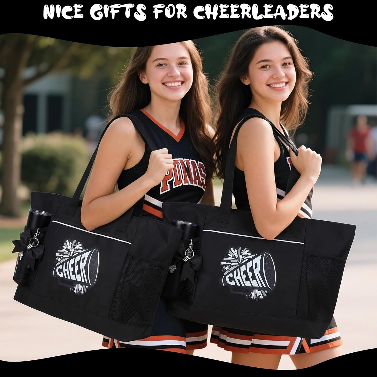 Patelai 4 Pcs Cheerleader Gifts Set Cheer Tote Bag 20 oz Tumbler Women Makeup Bag Keychain Stuff Accessories for Cheerleader