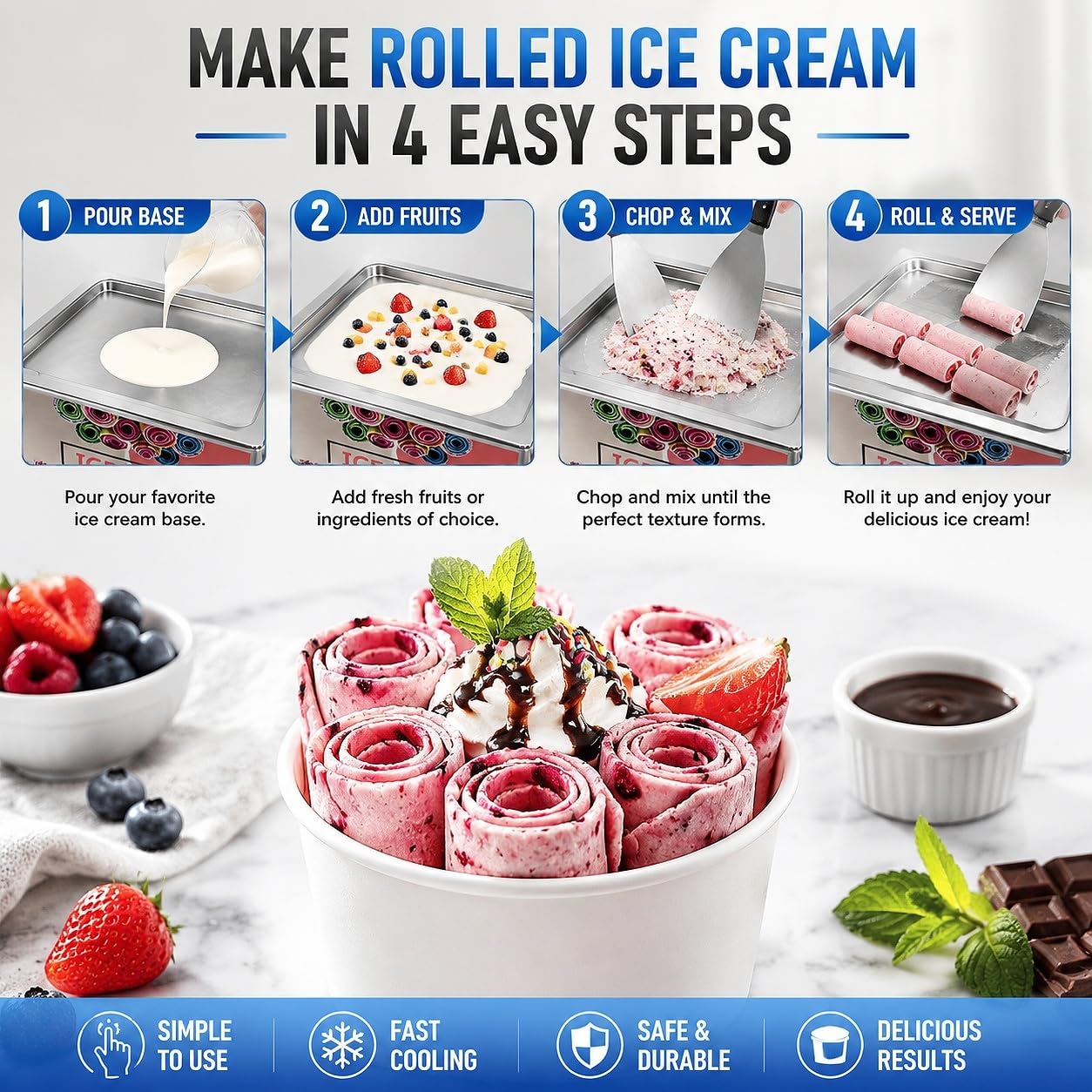 Gelatiera elettrica per gelato arrotolato, macchina professionale da banco in acciaio inox, piastra fredda con 2 raschietti per caffè e piccole imprese fai da te
