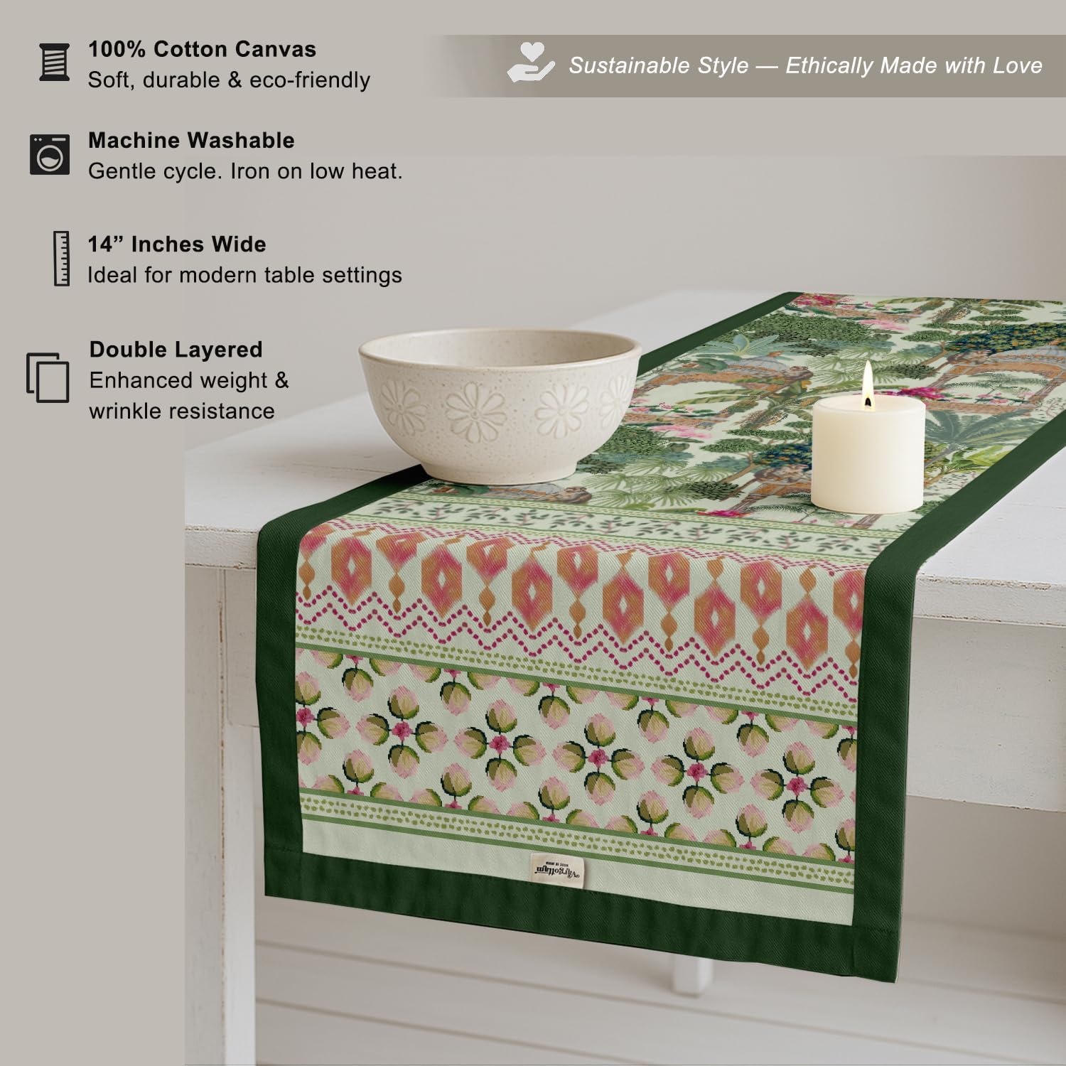Tropical Design Cotton Table Runner by Vargottam - Double Layer with Border - Washable Runner - Decorative Table Linen for Dining & Everyday Use