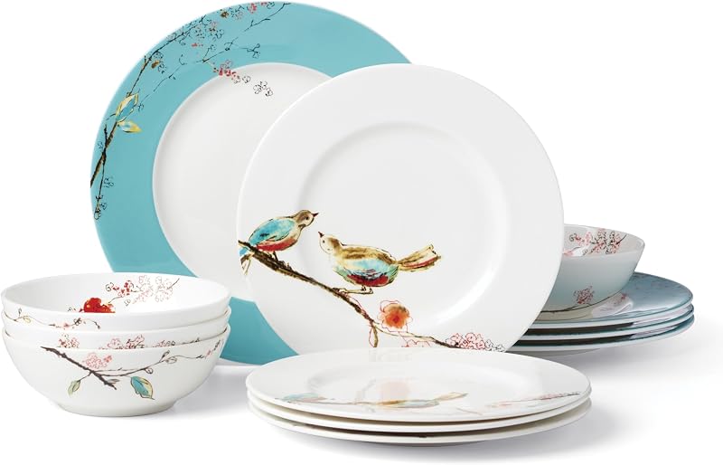 Juego de vajilla de porcelana Chirp de 12 piezas para 4 | cerámica, apto para lavavajillas, apto para microondas | juegos de platos y cuencos para cocina y comedor | Placa de 10,75 pulgadas