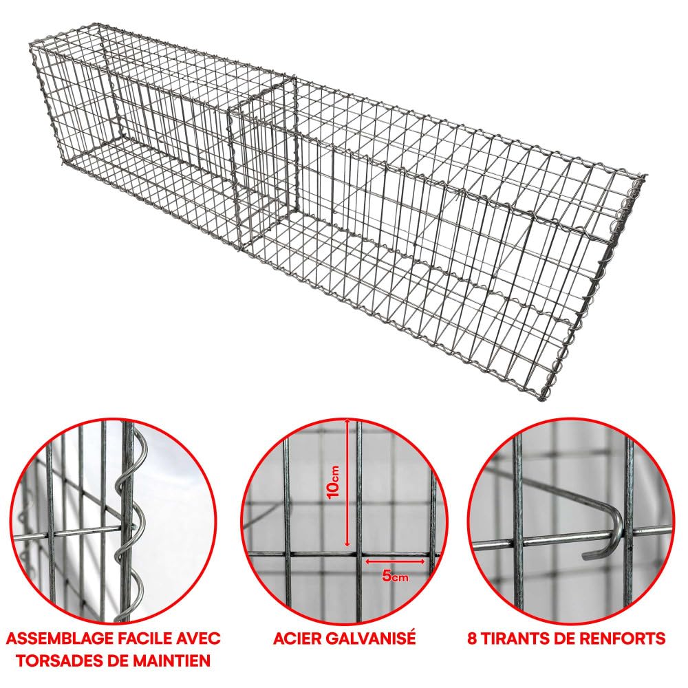 Oxeo Gabion Dimensions 200x50x30cm - Mur avec Pierres - Mur de soutènement - Paroi Bordure de Jardin - avec Spirales et entretoises