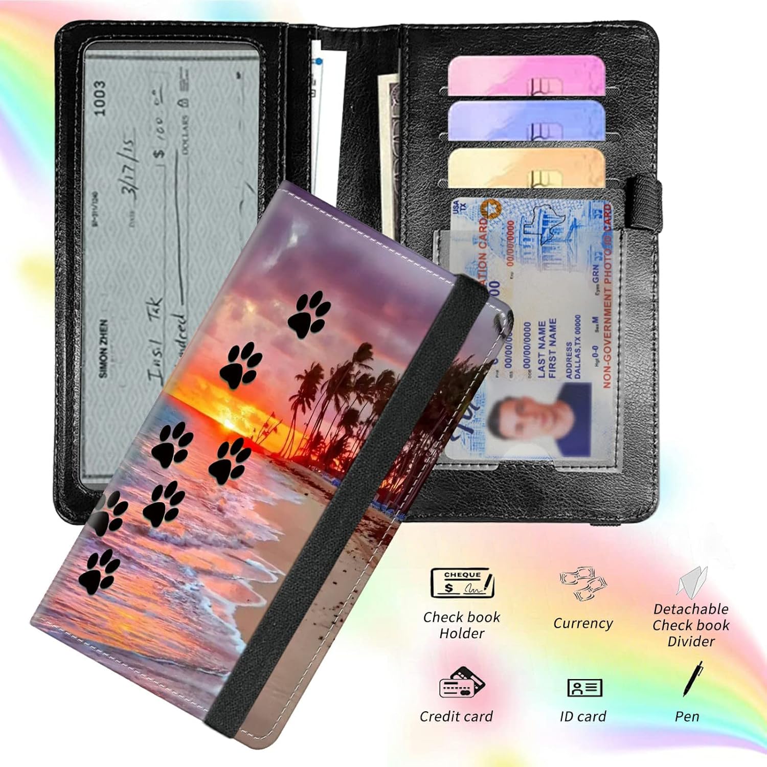 Checkbook Wallets for Women & Men, Leather Check Book Cover for Personal Checkbook Holder Case with Top & Side Tear Duplicate Checks Card Wallet with RFID Blocking, Dog Paw Print Beach - Image 4