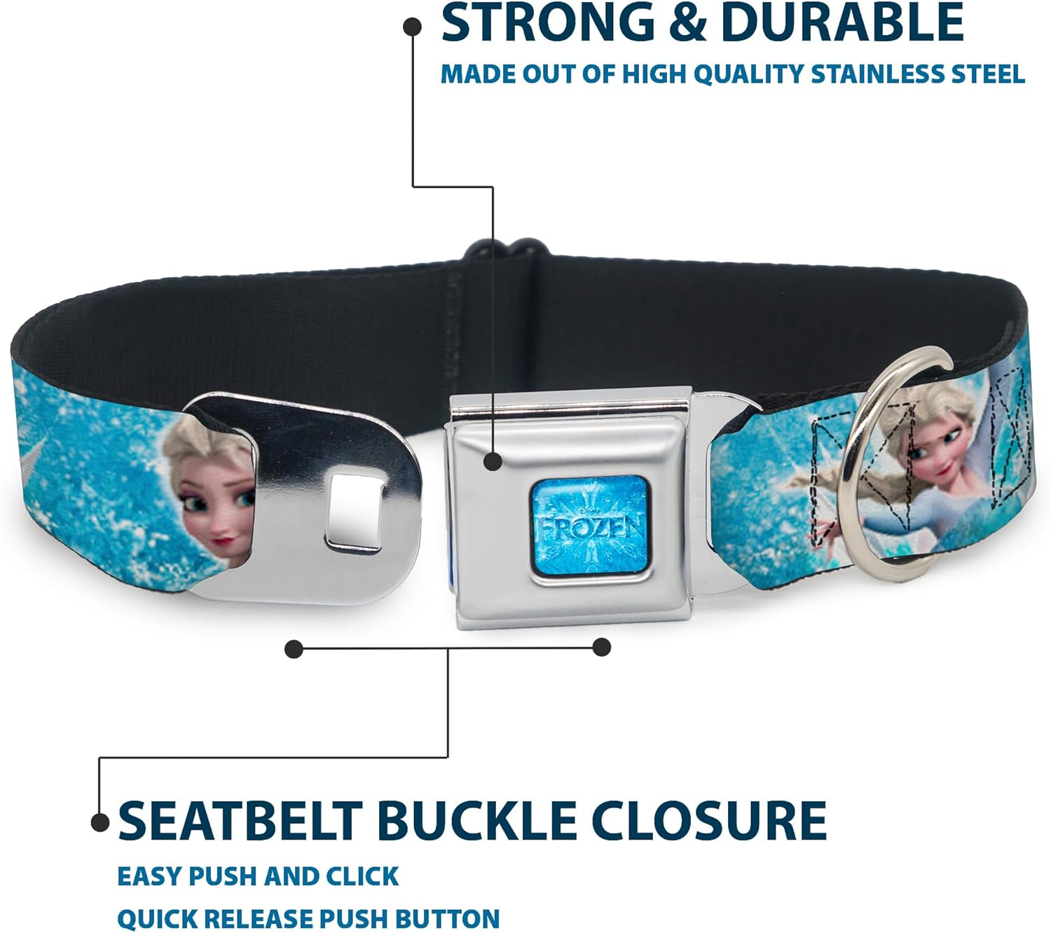Buckle-Down Seatbelt Buckle Dog Collar - Frozen Elsa Face/Action Pose/Snowflakes Blues/White - 1" Wide - Fits 9-15" Neck - Small