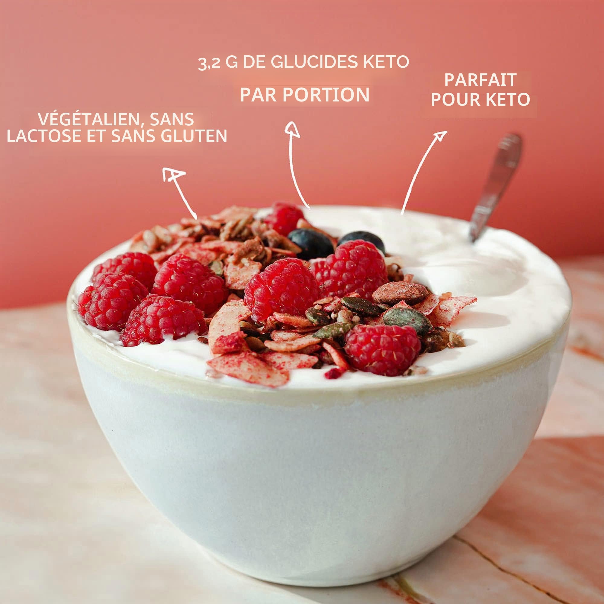 Go-Keto BIO Keto Granola Raspberry 6x 290g - Muesli Keto pour un délicieux petit déjeuner Keto, avec chips de noix de coco, noix, graines de tournesol & pépins de courge, végétalien, sans gluten