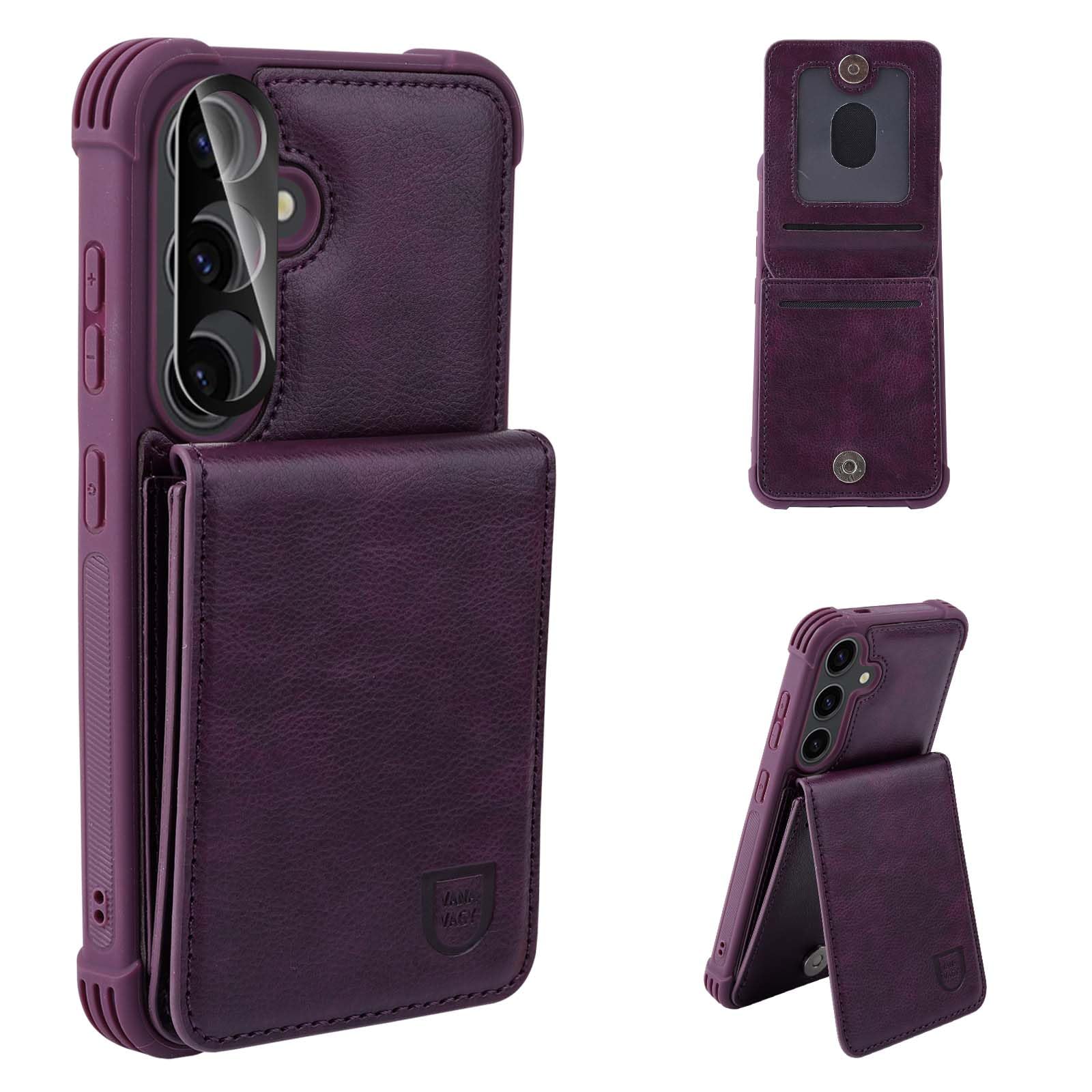 VANAVAGY Wallet Case Compatible for Galaxy S24 5G for Women and Men,Leather Magnetic Clasp Flip Folio Phone Cover with Credit Card Holder and Coin Pocket,Purple - Image 2