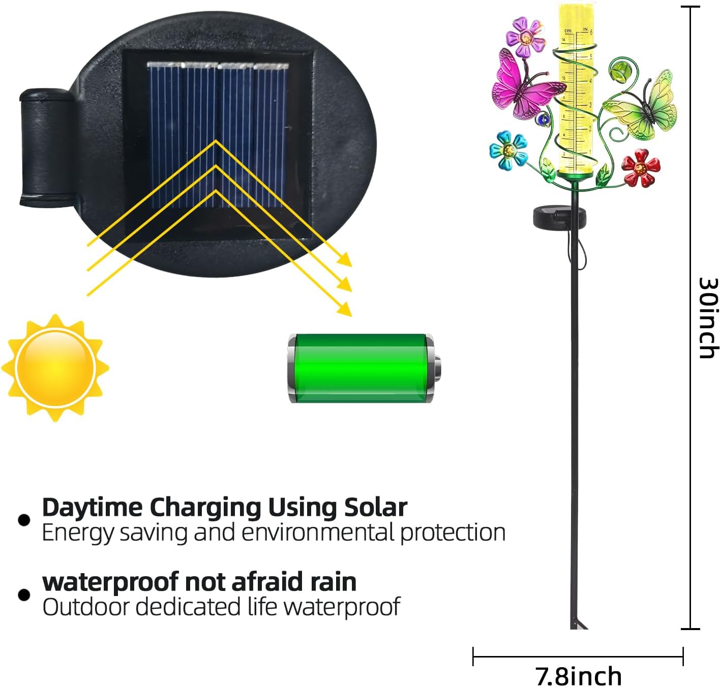 Butterfly Rain Gauge with 6 Inch Plastic Tube, Accurate Rain Gauges Outdoors Best Rated with LED Solar Lights Rain Measure Tool for Garden, Lawn, Patio