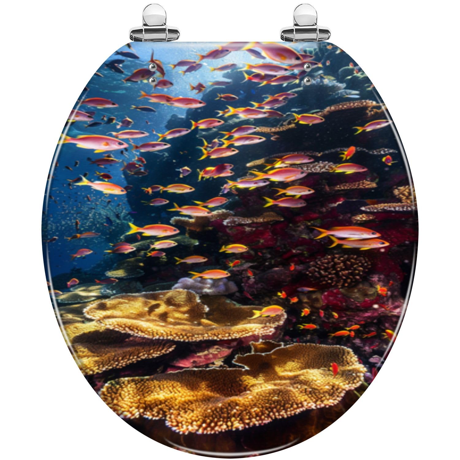 Round Toilet Seat Dynamic Fish Patterns Coral Reefs Resin Toilet Seat Quietly Close Quick Release Hinges Decorative Toilet Seat with Cover Easy to Install