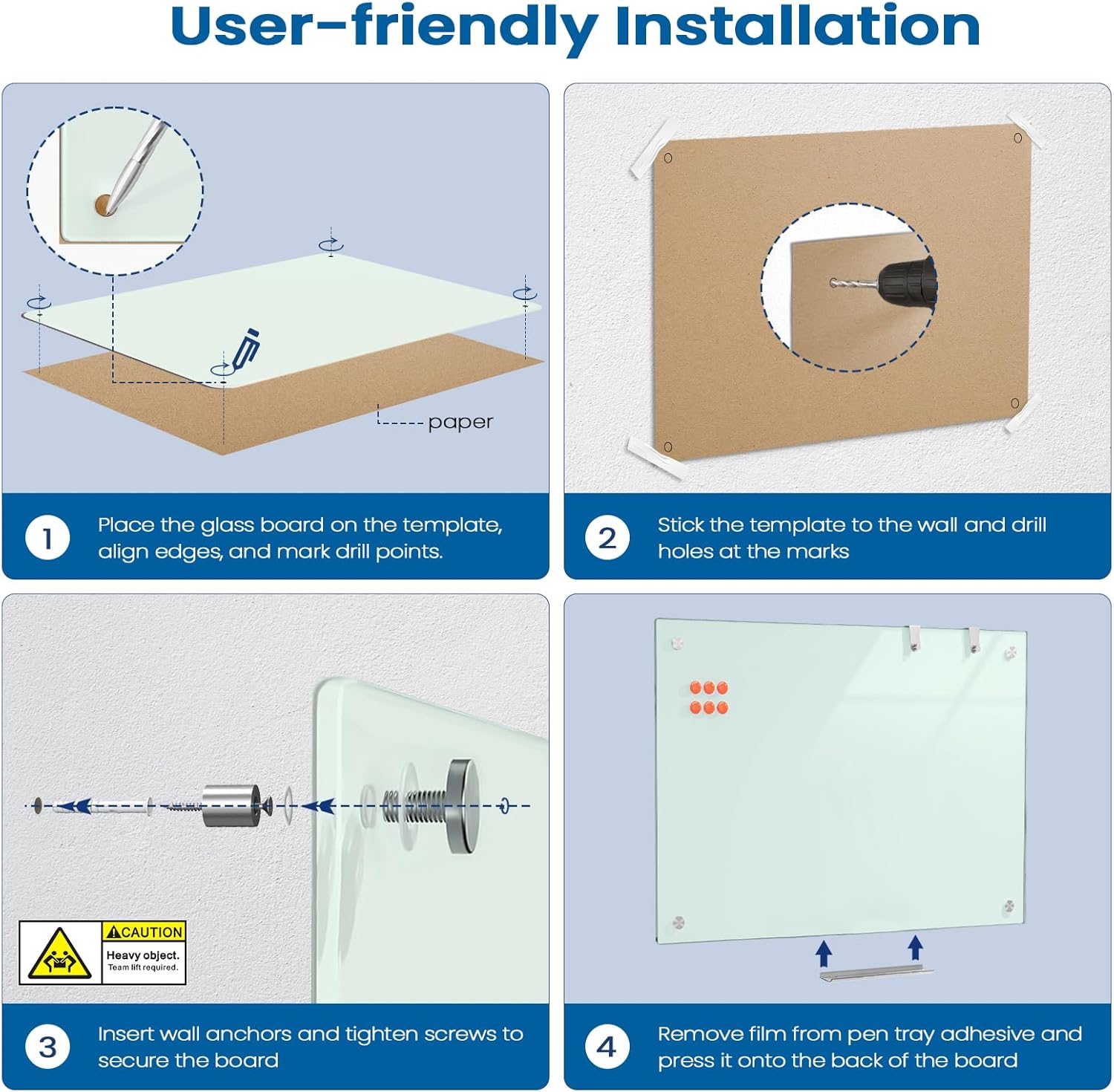 Large 0.3mm Reinforced Metal Backing Glass White Board for Wall, 36" x 24" Big Magnetic Tempered Glass Dry Erase Board with Frameless Design, 3' x 2' Glass Whiteboard for Home, Office, School
