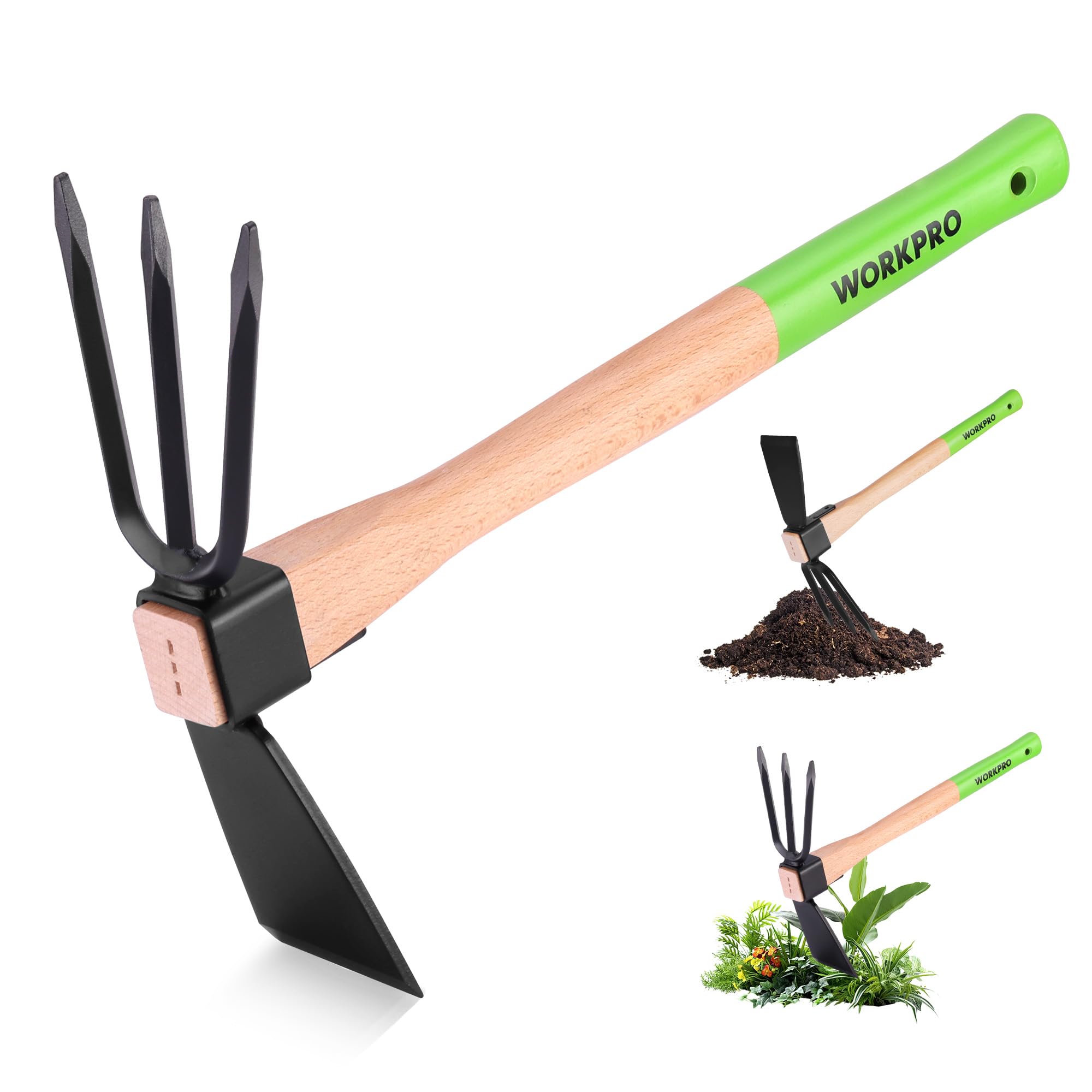 WORKPRO Azada Doble de Jardín 2 en 1 de Acero con Cultivador de 3 Dientes y Mango de Madera, Azada Multifuncional de Jardinería 36 cm para Trasplante, Cavar, Aflojar Suelo y Desherbar
