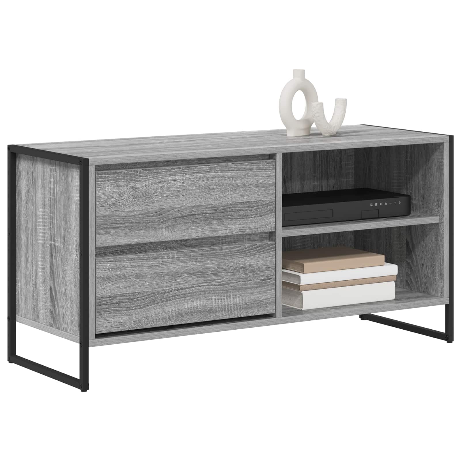 Meble telewizyjne 100 x 36 x 49,5 cm, szary materiał drewnopochodny, konsola medialna z systemem zarządzania kablami i miejscem do przechowywania do salonu, kina domowego, kredens