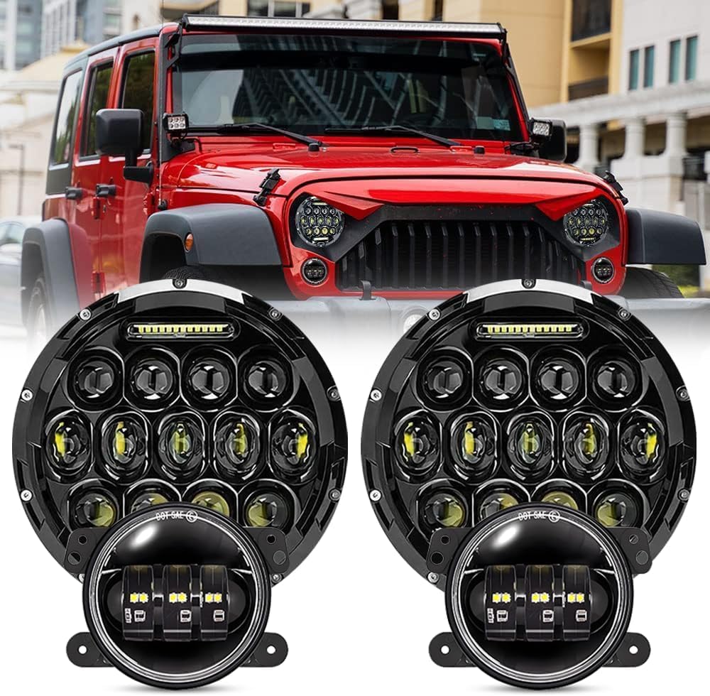 JHLion Upgraded NEW 2000% Bright Jeep wrangler headlights（Black）+ Fog lights LED lights for Jeep Wrangler JK/TJ/LJ 1997-2020