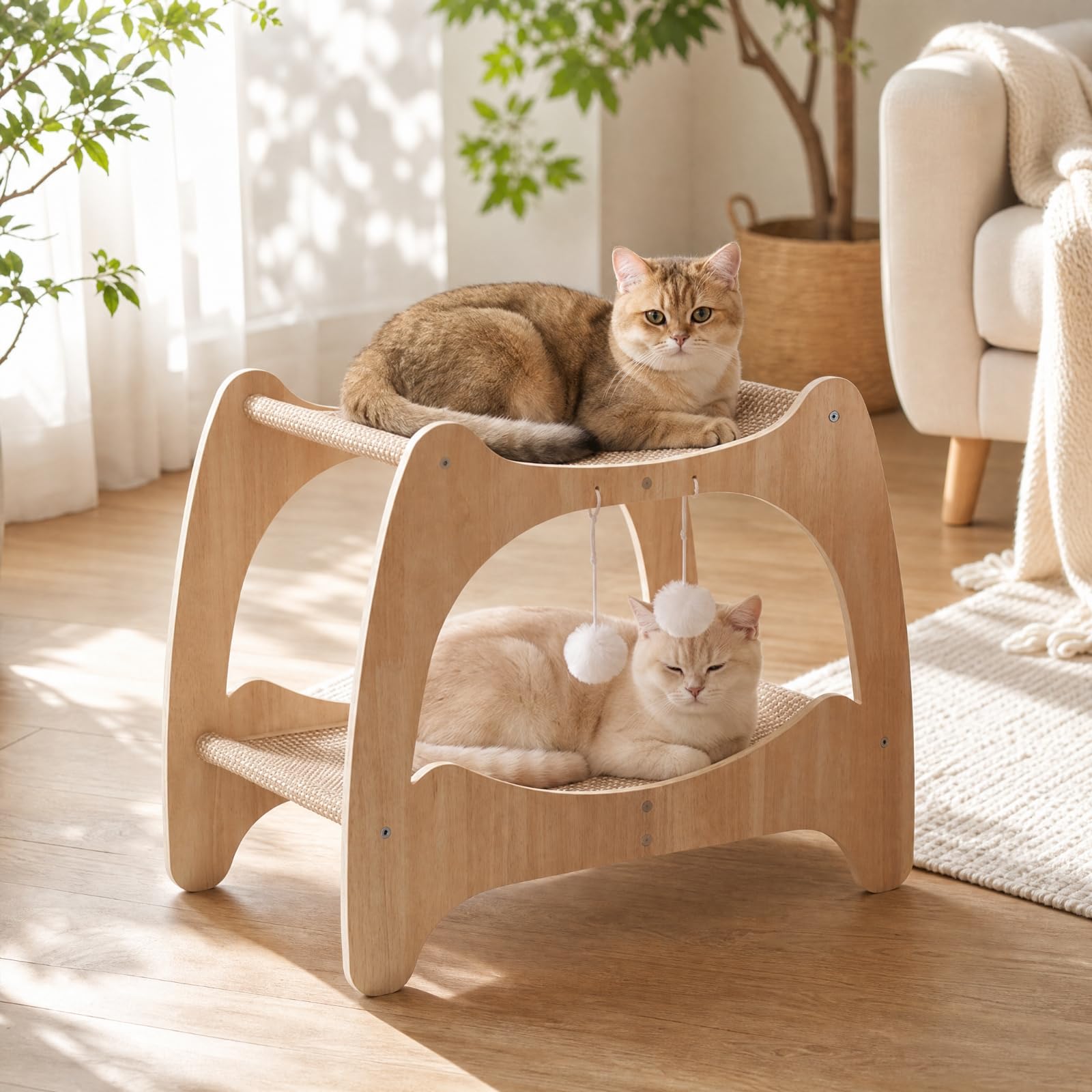 Struttra Piattaforme Rialzate e Superfici in Sisal Resistente Ai Graffi Tiragraffi a Due Livelli con Struttura in Legno Naturale Stabile