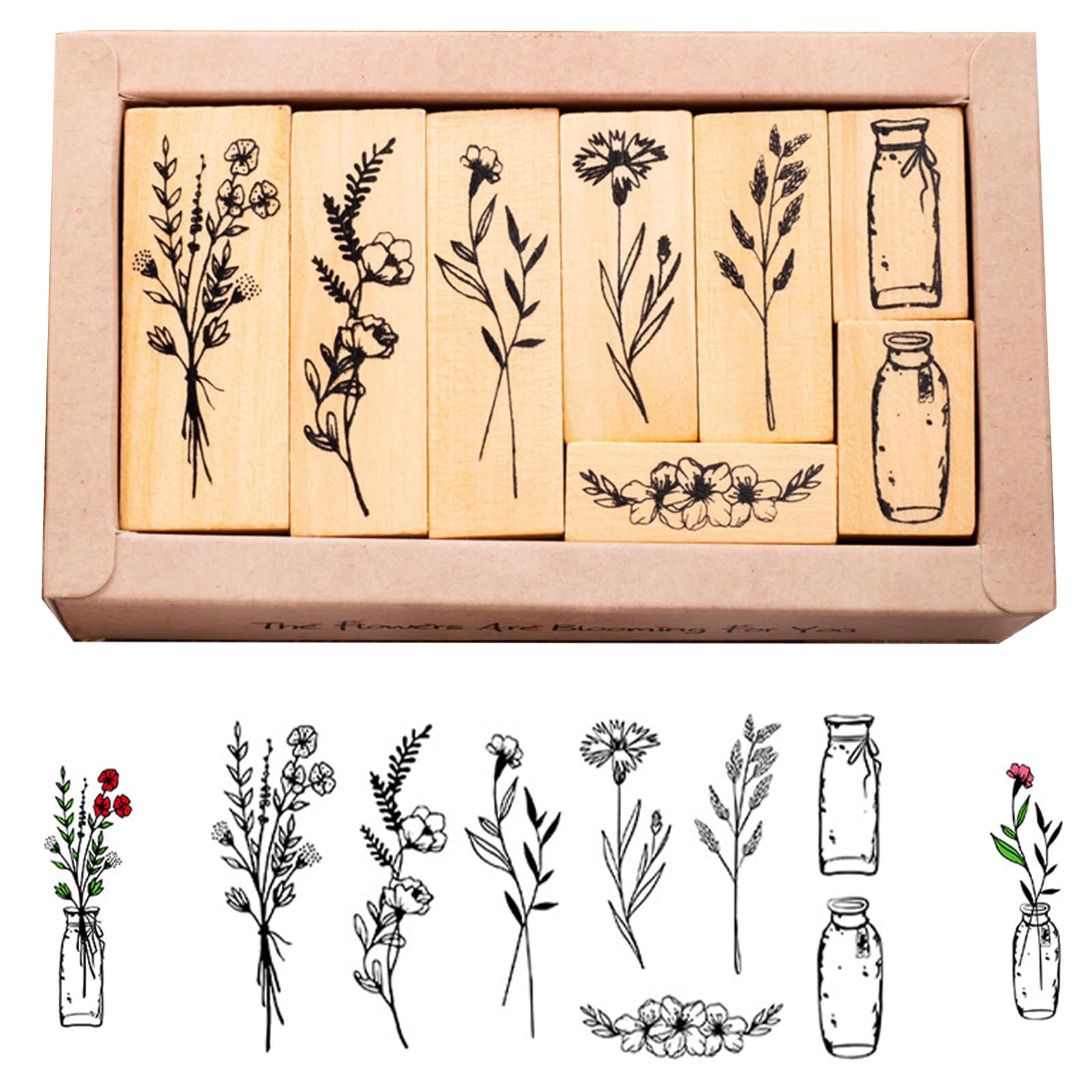 Set 8 Timbri In Legno Con Motivi Fiori E Piante - Per Carta, Scrapbooking, DIY - Foto 6