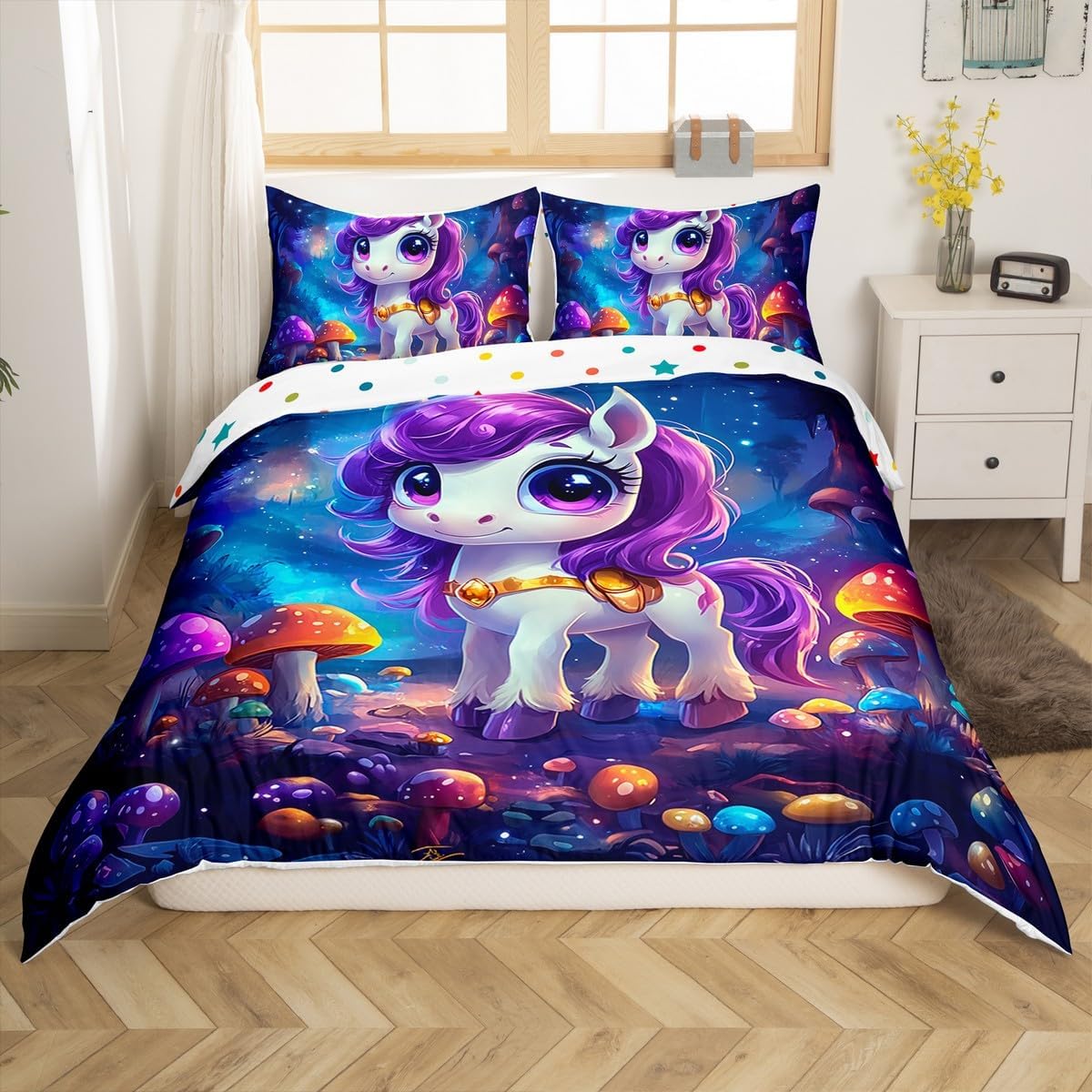 Erosebridal Purple Unicorn Comforter Cover Toddler Size Cartoon Animal Duvet Cover Colorful Mushrooms Bedding Set Kids Fantasy Themed Quilt Cover Magical Jungle 2Pcs Breathable Decor