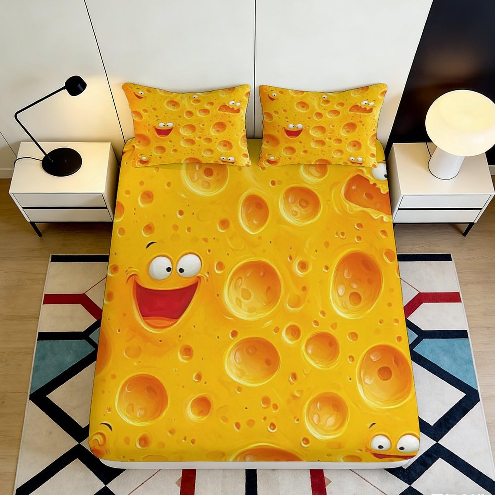 3D Printed Cartoon Cheese Fitted Sheet Microfiber Yellow Smiley Bed Cover for Bedroom Dorm Mattress Protection Decor 140x200x25cm
