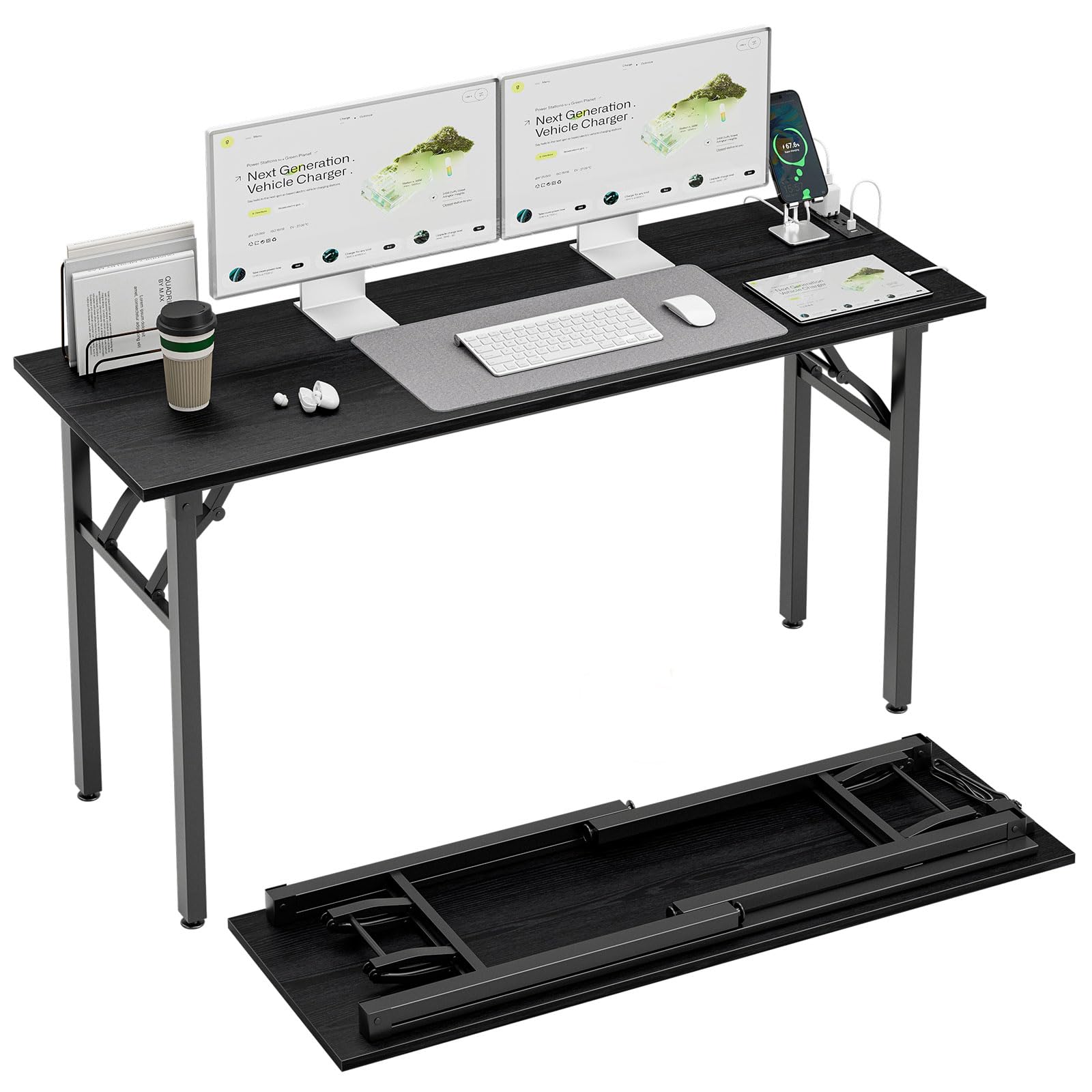 Photo 1 of *MISSING PARTS - see clerk notes*
TEMI Long Computer Desk Folding Table - No Assembly, Compact 54" Foldable Desk with Power Outlets & USB Charging Port