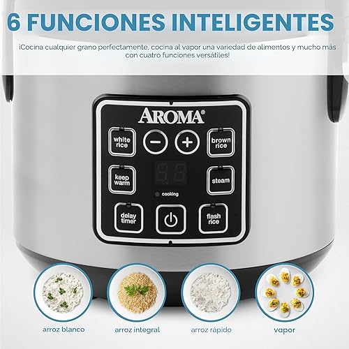 Miniatura 4 de Olla arrocera y olla a vapor Aroma Housewares ARC-914SBD digital con aislamiento térmico, 8 tazas (cocinadas), plateado, Plateado