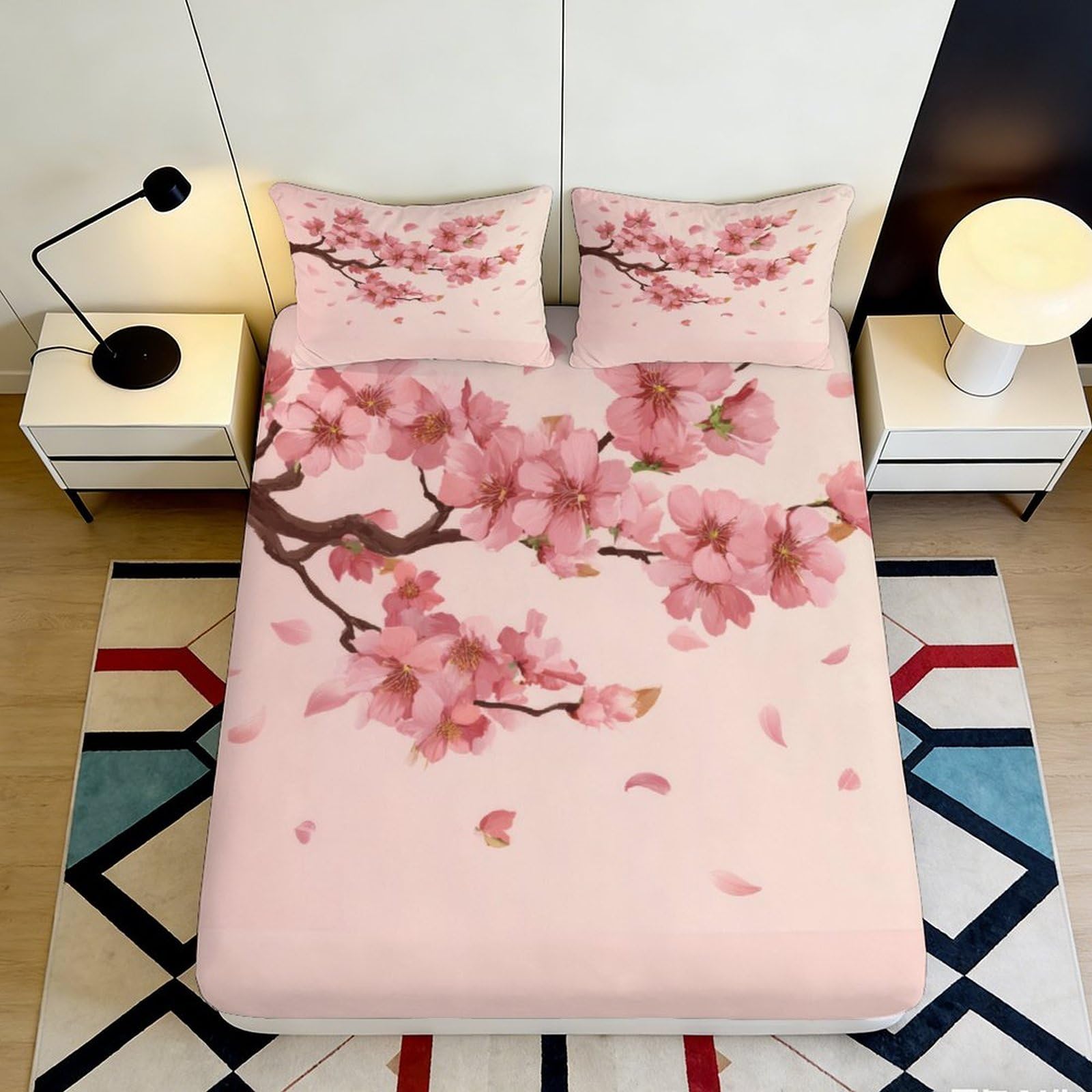 Pnayamiorkfel Style-7 3D Printed Cherry Blossom Fitted Sheet Microfiber Soft Pink Flower Bed Cover For Bedroom Guest Room Easy Care 90X200x25cm