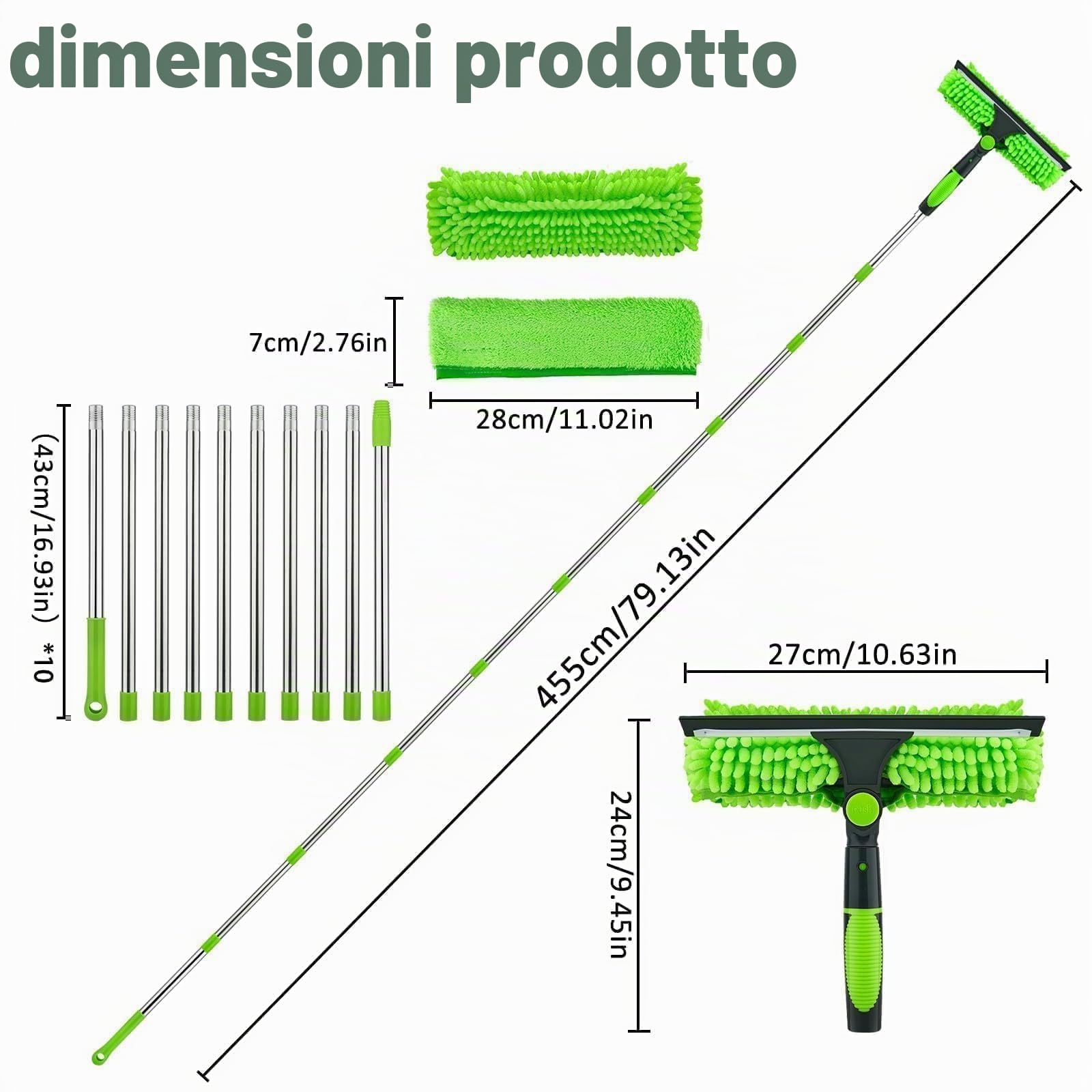 4,3 m t Lavavetri Telescopico, 2 in 1 Pulitore Vetri Finestre Lava con Tergivetro con 2 panni in microfibra Pulisci Vetri,Testa a 180° Lavavetri per Specchi Auto Vetro Finestra Alta