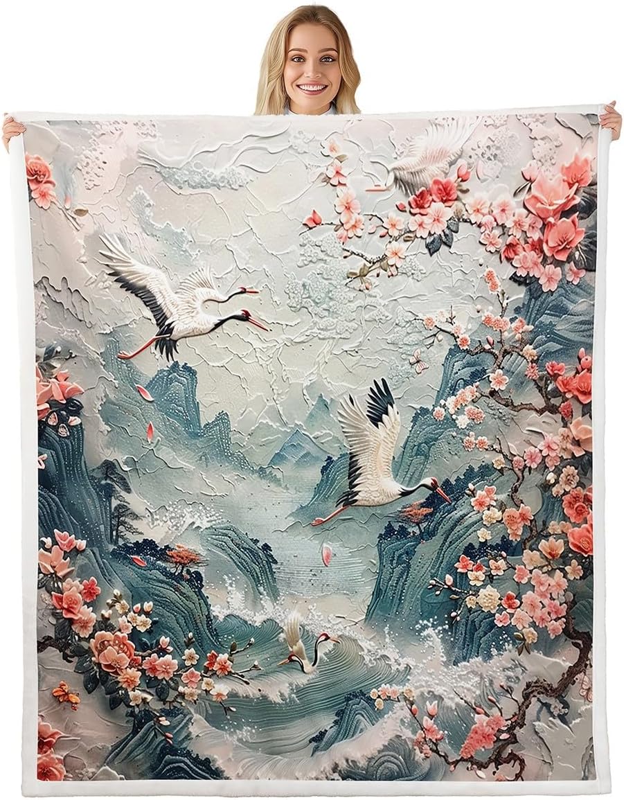 Erosebridal Japanese Style Fleece Bed Blanket Twin 60"X80" Japanese Samurai Throw Blanket for Kids Boys Men Ink Painting Dragon Sherpa Blanket Cherry Blossom Mount Fuji Fuzzy Blanket Red Black White