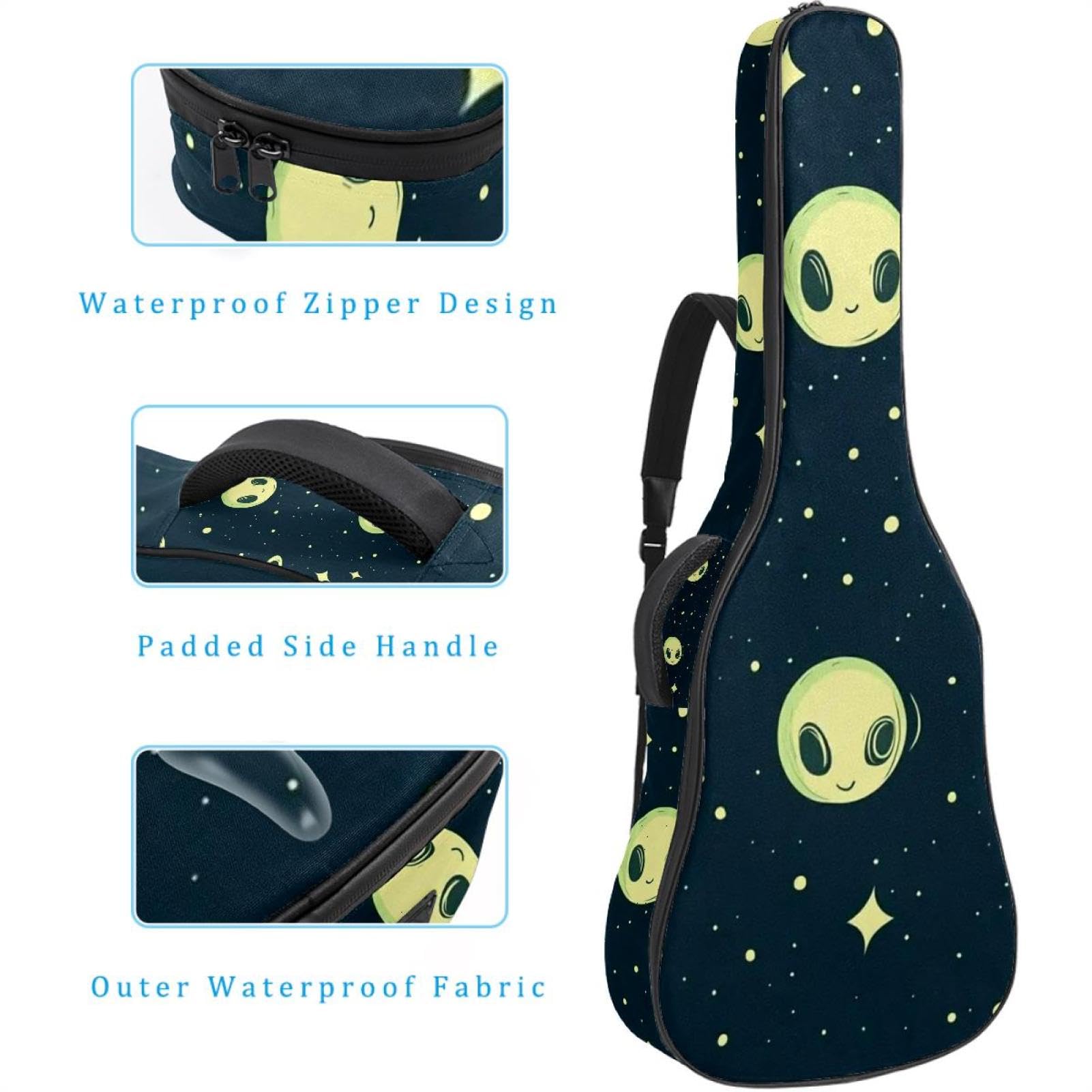 Fun Mini Green Alien Moon 17 41 106,7 cm Akustikgitarrentasche mit verstellbarem Schultergurt, Gitarrentasche mit Rückenaufhänger, geeignet für E-Gitarren, Bassgitarren, klassische Gitarren, Ukulele,