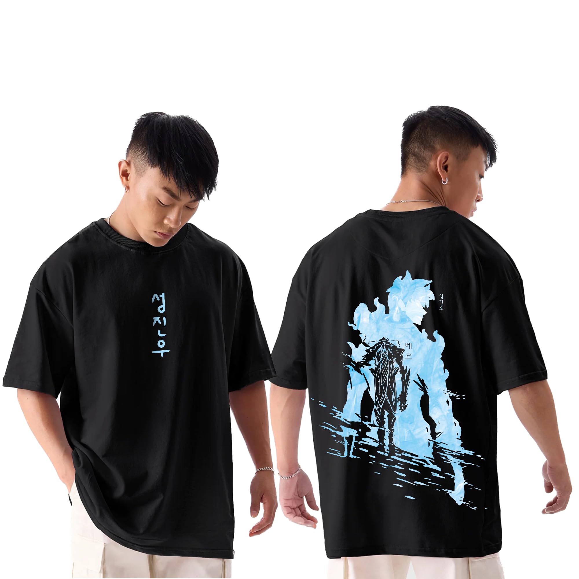 AWARA BACHA Sung Jin woo Oversized Black Tshirt for Men and Women Solo Leveling Sung Jin Woo Drop Shoulder Unisex Baggy Loose Fit T-Shirts