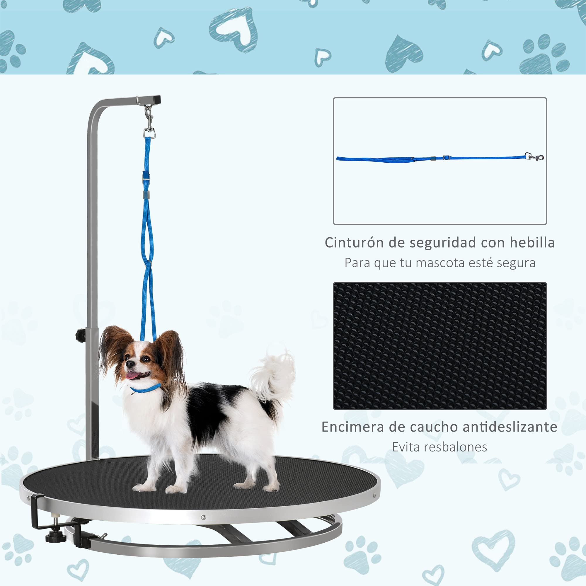 PawHut Mesa de Peluquería para Mascotas Mesa de Aseo con Base Giratoria Brazo Ajustable de 46-72 cm de Acero Inoxidable con Correa Ø65x10 cm Negro