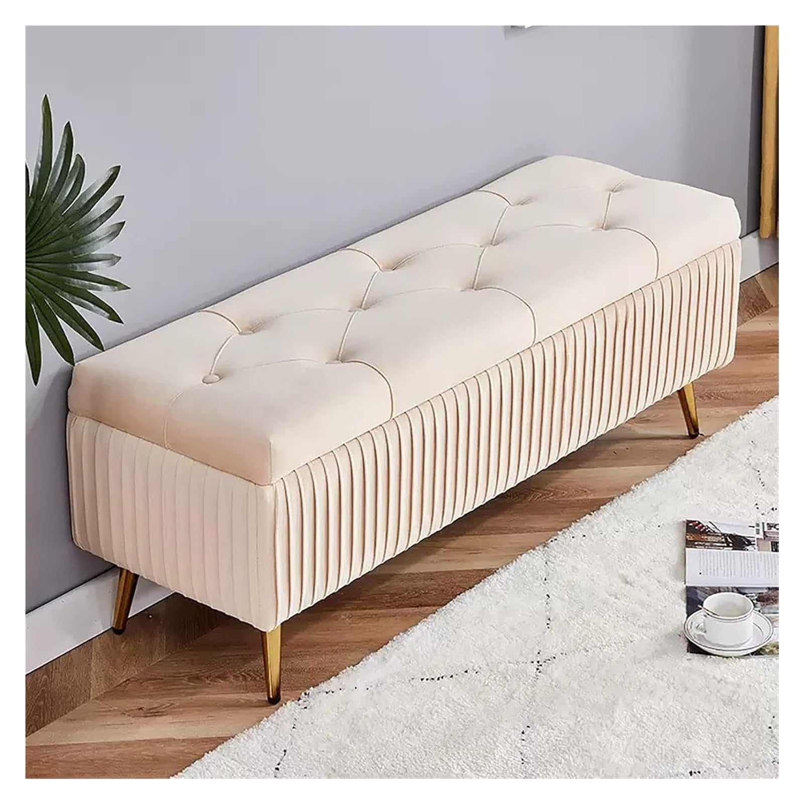 LMMIAOZ Velvet Storage Bench with Gold Metal Legs Bedroom Ottoman for Living Room Entryway Hallway White 80x40x45cm Foot Rest