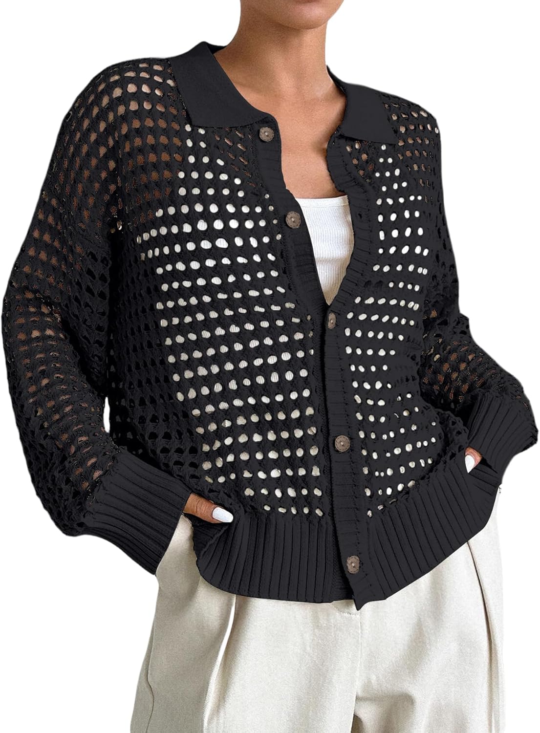 QWINEE Women's Crochet Cardigan Sweater Crochet Tops Lightweight Sweater Hollow Out Cardigan