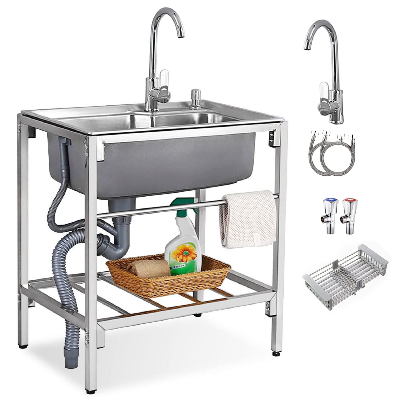 Buiten RVS spoelbak, roestvrijstalen spoelbak, eenvoudige kom commerciële catering keukenstation met kraan, voor garage, restaurant, keuken, wasruimte, buiten (Maat: 50*40