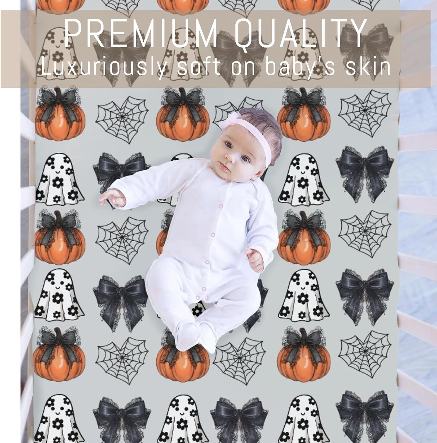 Cute Pumpkins Spiderwebs Bows Baby Crib Sheets for Girls Gray Halloween Soft Snug Fitted Crib Mattress Covers for 52''x28'' Standard Crib & Toddler Mattress Spooky Halloween Nursery Bed Sheets