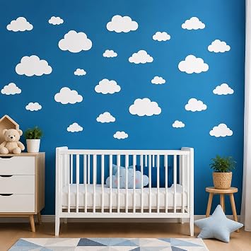 33 Cloud Wall Decals, Removable Peel and Stick Vinyl Wall Stickers for Nursery, Children's Bedroom, Playroom and Baby Room, White Cloud Wall Decorations, Various Sizes, Easy to Apply and Remove