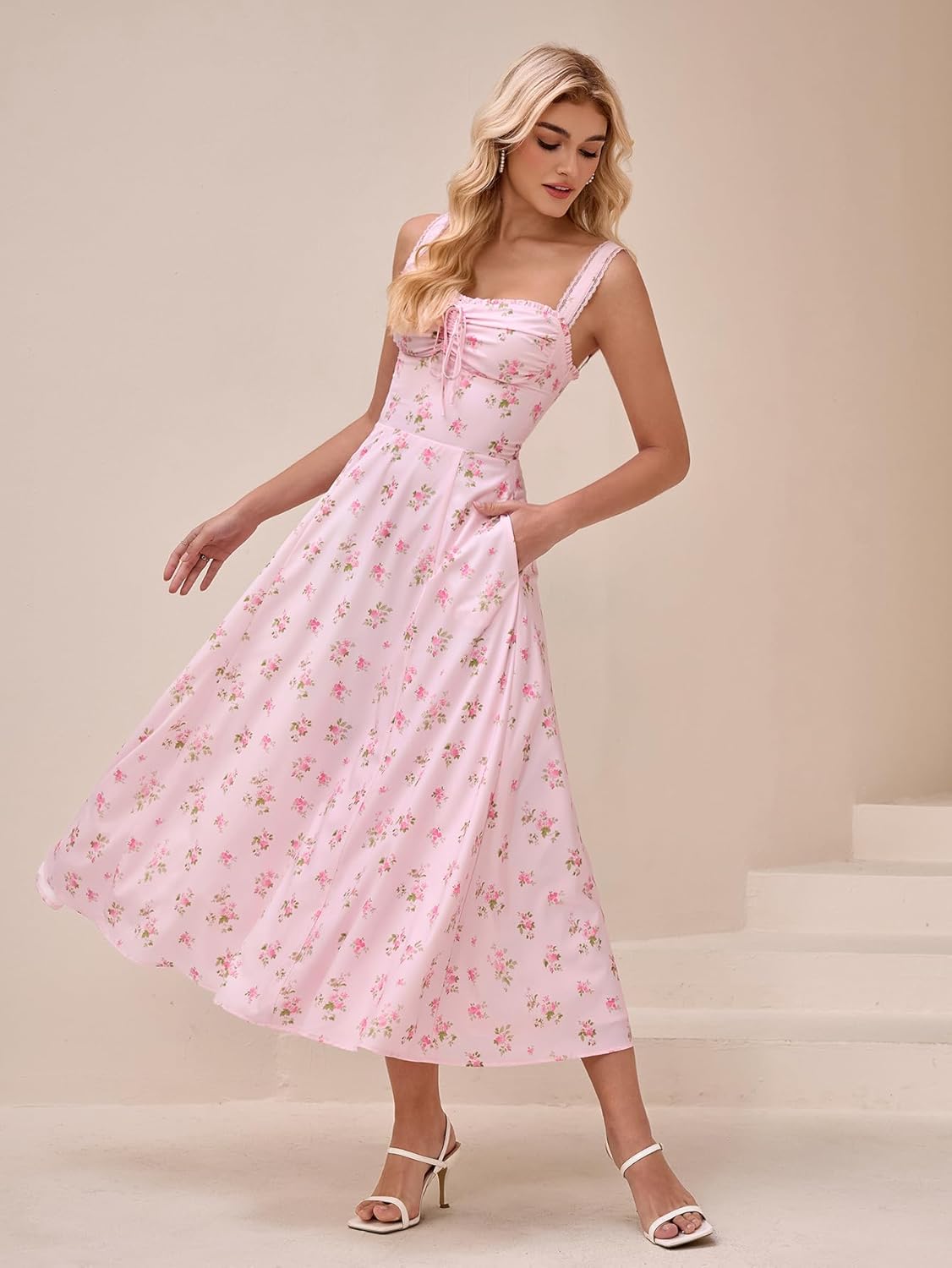 KUTUMAI Floral Corset Midi Dresses for Women 2026 Lace Up Flowy Summer Wedding Guest Dress with Pockets - Image 6