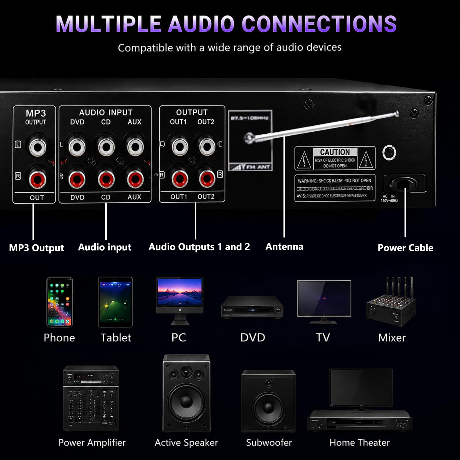 Égaliseur graphique stéréo, égaliseur numérique 20 bandes avec affichage LED, 15 modes dynamiques, télécommande, réduction du bruit pour studio et audio domestique