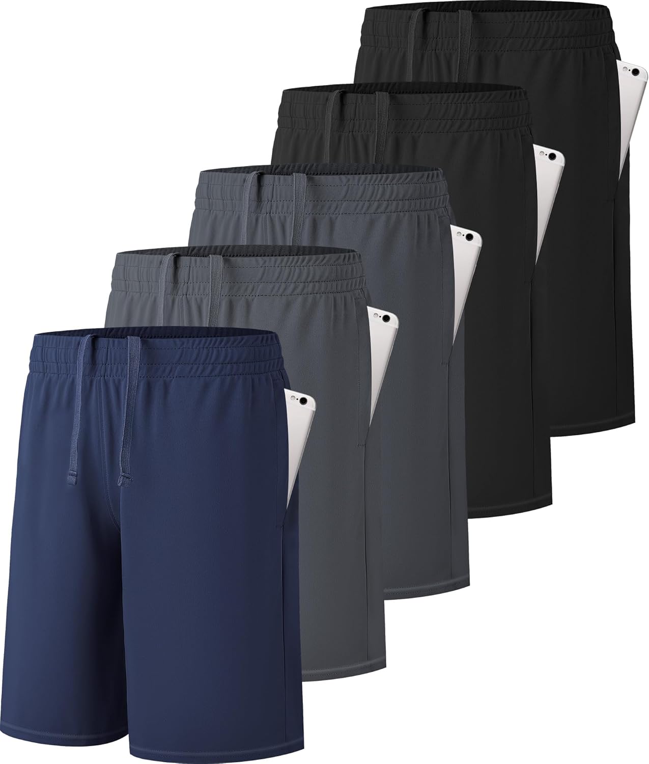 5 Pack Boys Athletic Shorts Active Performance Youth Kids Basketball Shorts Quick Dry with Elastic Waist Pockets